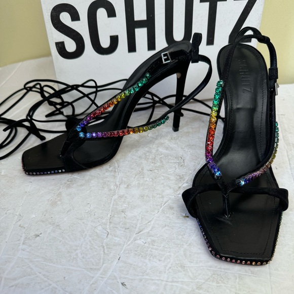 Schutz NEW Vikki Leather Strappy Crystals Ankle Ties Straps Heels Sandal Black 9 - Picture 2 of 16